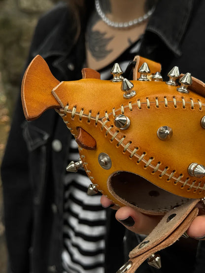 Handmade Leather Puffer FishKeychain with Storage