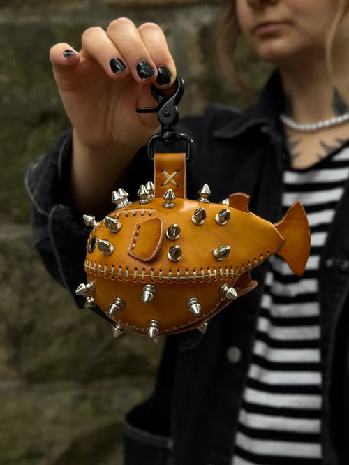 Handmade Leather Puffer FishKeychain with Storage