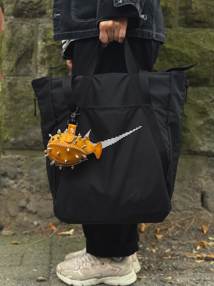 Handmade Leather Puffer FishKeychain with Storage