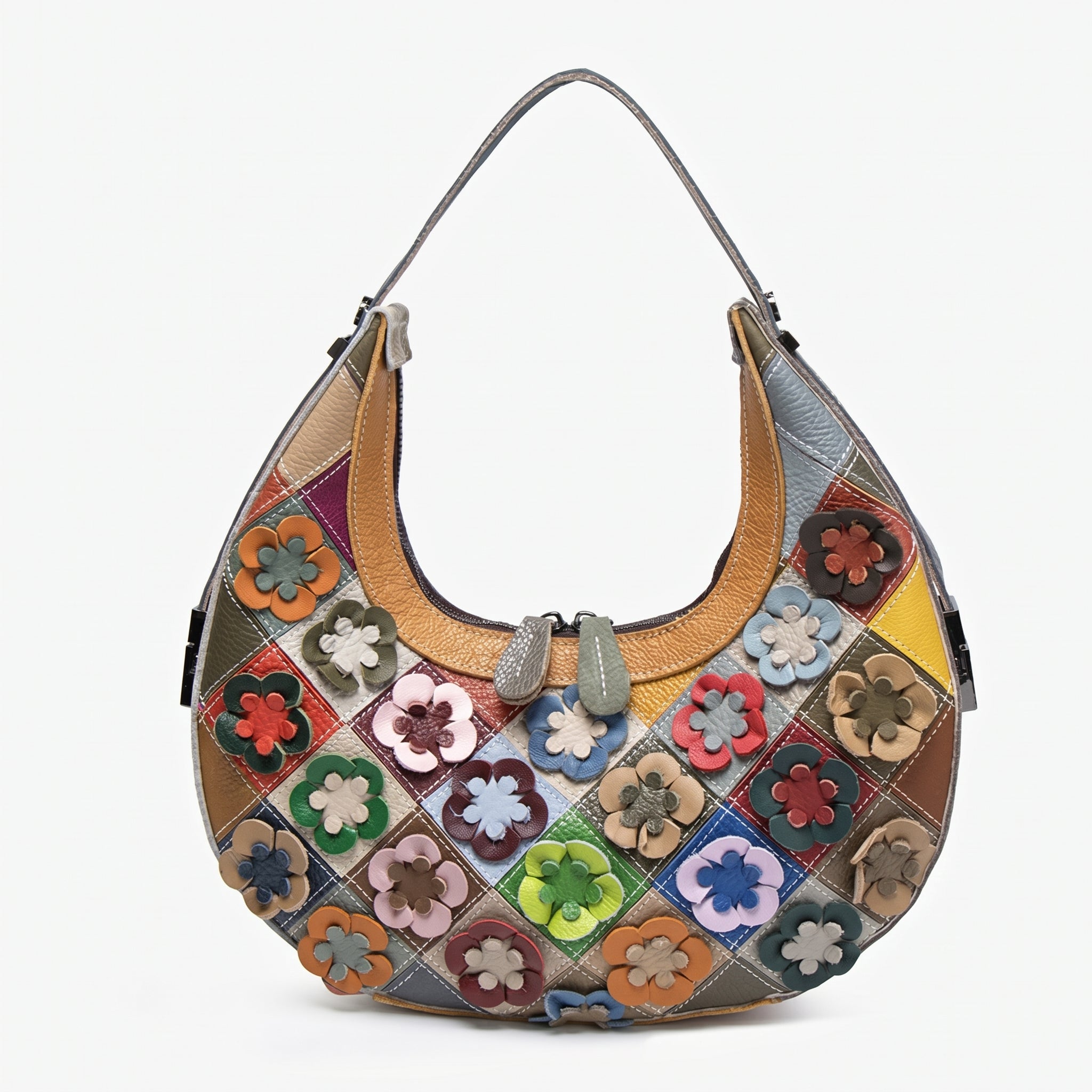 Bohemian Floral Patchwork Crescent Hobo Bag